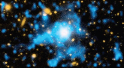 Observación del quásar QSO 1549+19 hecha con el CWI. El color azul muestra el gas hidrógeno que rodea al quásar y que fluye hacia el interior de éste. (Foto: Christopher Martin, Robert Hurt)
