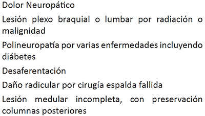 Tabla 2. Indicaciones de estimulación espinal.