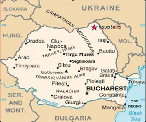 Mapa de Rumania con la ubicación geográfica de Nova Sulita.