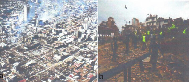 Figura 2. a) Panorámica de destrucción por el terremoto de Managua. b) Ayuda humana. Zona parcial de desastre.