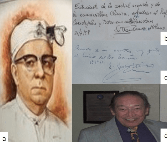 Figura 4. Imágenes de especialistas nacionales que laboraron en la Catedra Servicio de Otorrinolaringología del Hospital Universitario de Caracas. Autógrafos en el libro de visitas de especialistas europeos que ofrecieron sus conocimientos en la citada catedra servicio. a. Dr. Franz Conde Jahn, primer jefe de la cátedra servicio. Ettore Bocca, 1958. b. Luis García Ibáñez, 1961. d. Oscar Rodríguez Griman, durante su homenaje en el auditórium de la cátedra servicio en el año 2012.