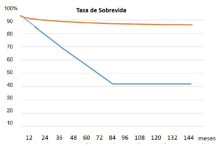 Gráfico 1. Tasa de sobrevida en meses. Línea anaranjada, laringectomías totales primarias. Línea azul, Laringectomías totales de rescate.