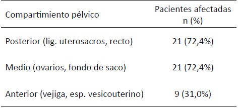 Tabla 1. Distribución de hallazgos por resonancia magnética según compartimiento pélvico (n = 29). CMC, 2022–2025.