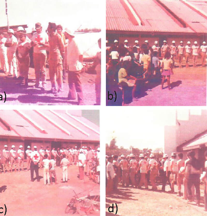 Figura 19. a) Recepción y despedida de las delegaciones de Venezuela y México, respectivamente. b)Formación de la delegación mexicana, con presencia de algunos pobladores. c) Iglesia Sagrado Corazón de Jesús. (Refugio Las Palmas). d) Partida de la delegación mexicana.